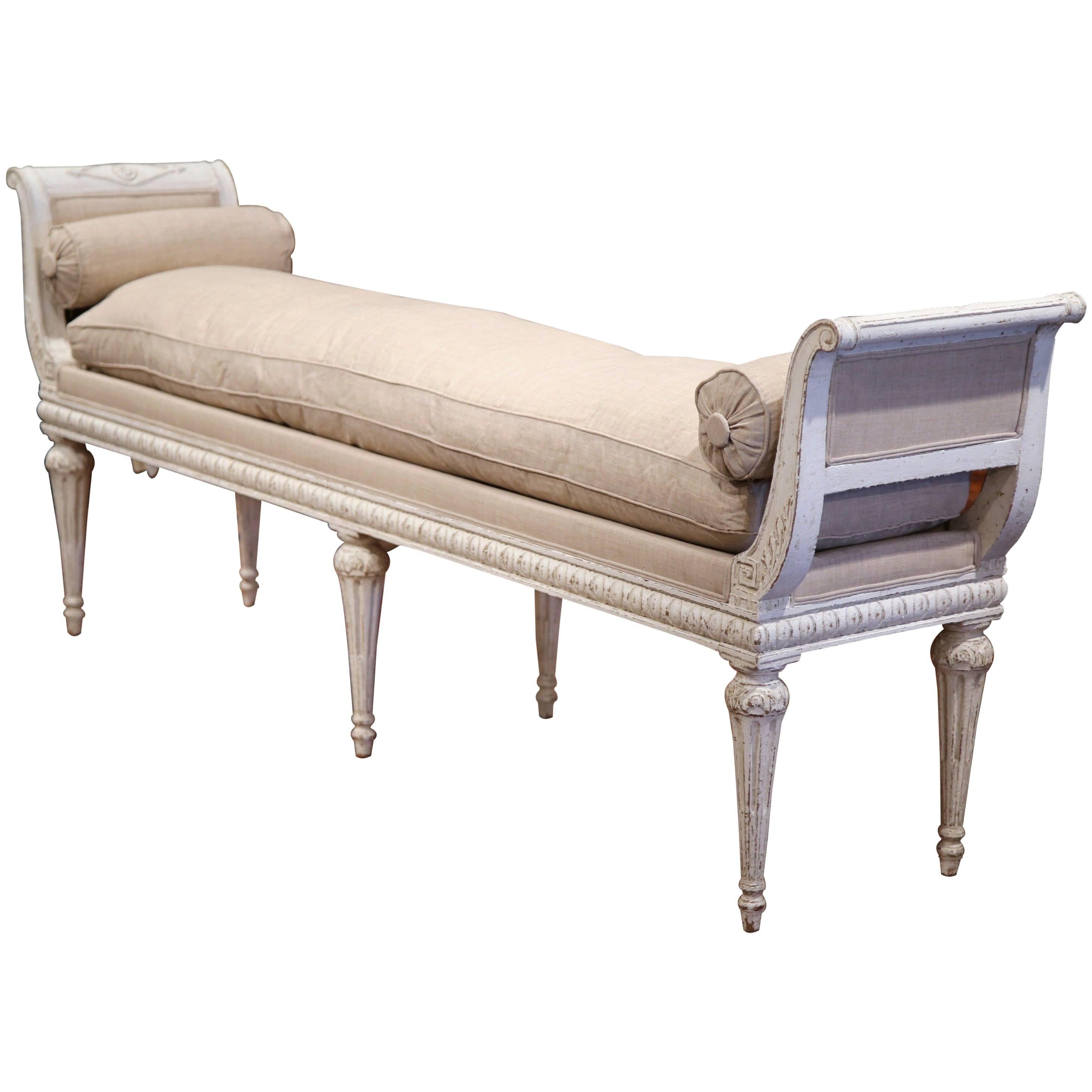 Late 19th Century French Directoire Carved Painted Six-Leg Bench with Cushion