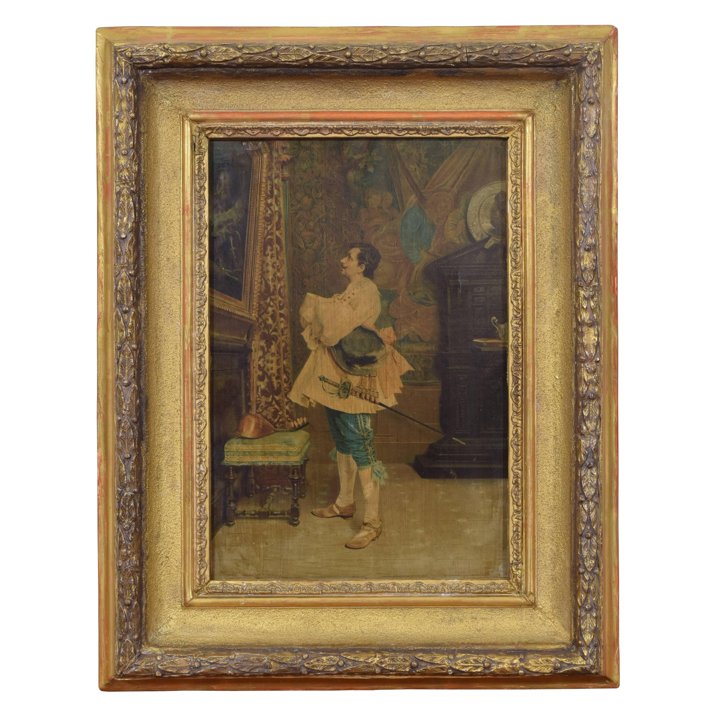 Oil on Canvas in Giltwood Frame, Musketeer in Interior with Antiques