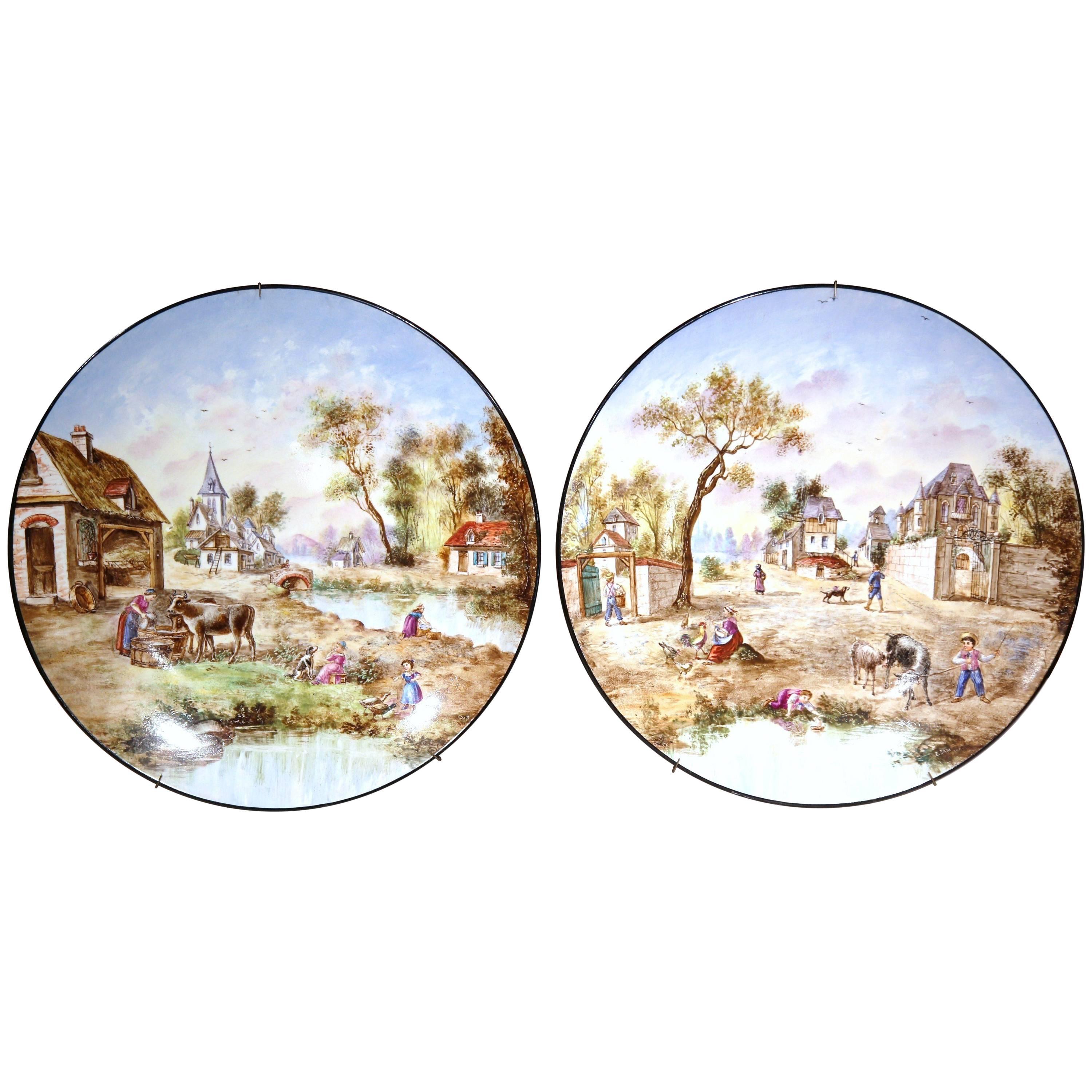 Pair of Early 20th Century French Hand-Painted Faience Wall Plates