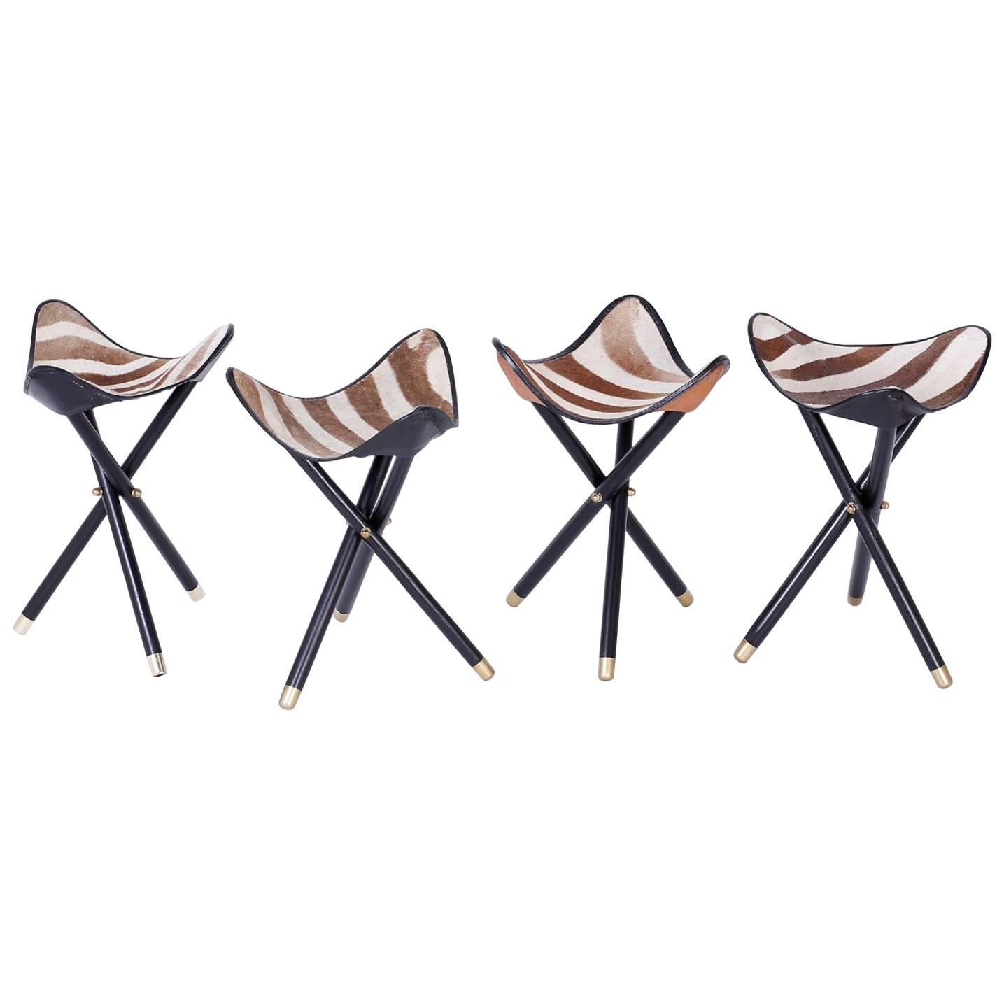 Group of Four Campaign Style Zebra Hide Folding Stools, Available Individually