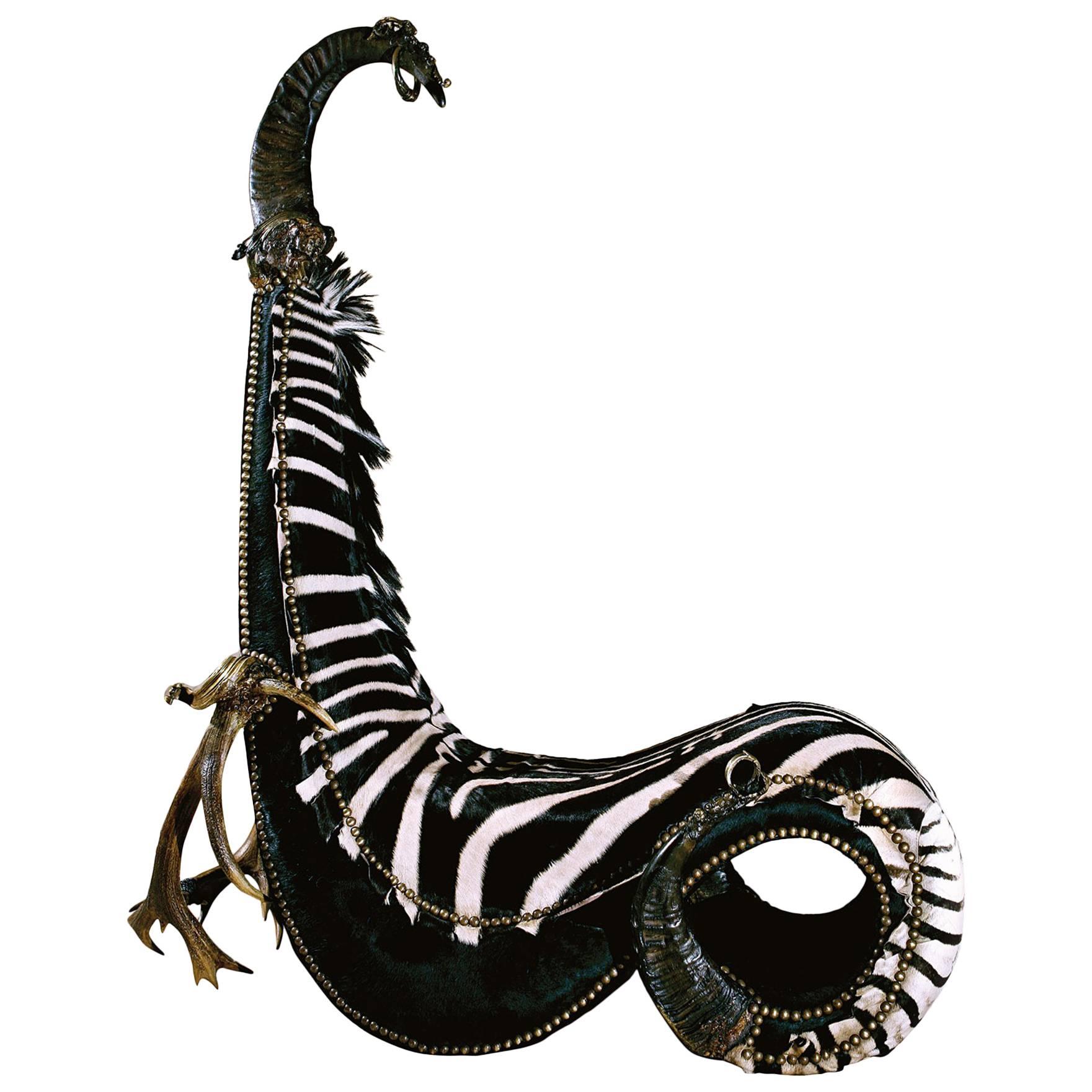Zebra King Chair with Zebra Skin and Deer Horns
