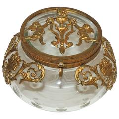 Beautiful French Round Crystal Dore Bronze Ormolu Neoclassical Putti Regency Box