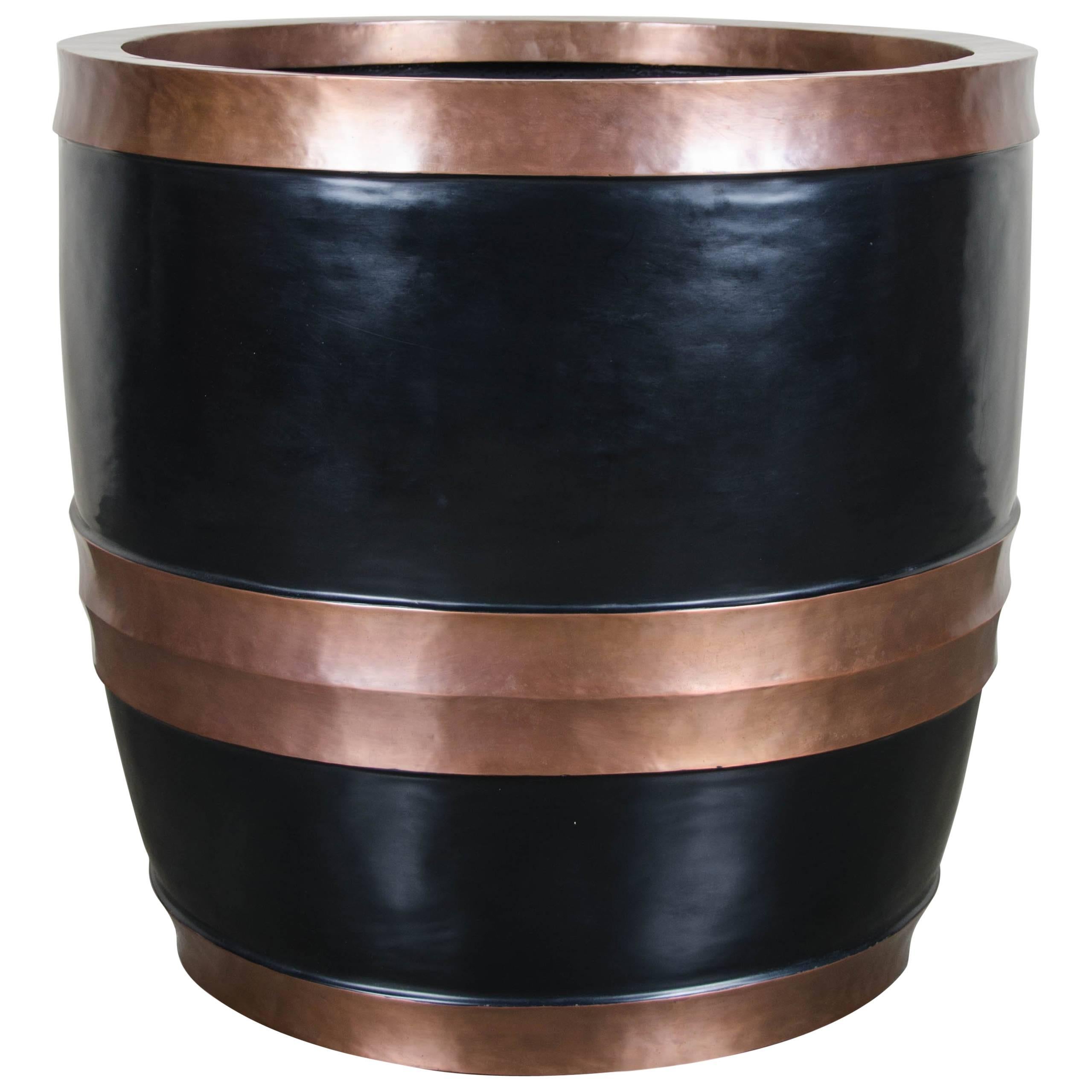 Temple Bell Small Pot with Copper Bands, Black Lacquer by Robert Kuo For Sale