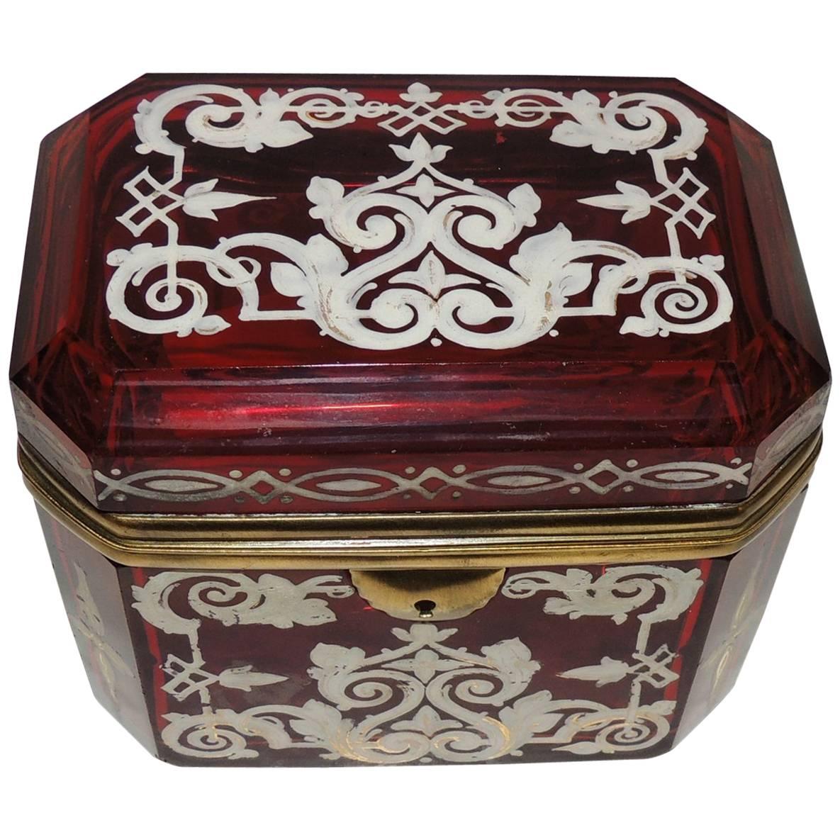 Beautiful Hand-Painted Beveled Ruby Glass Crystal Ormolu Box Ormolu Fine Casket