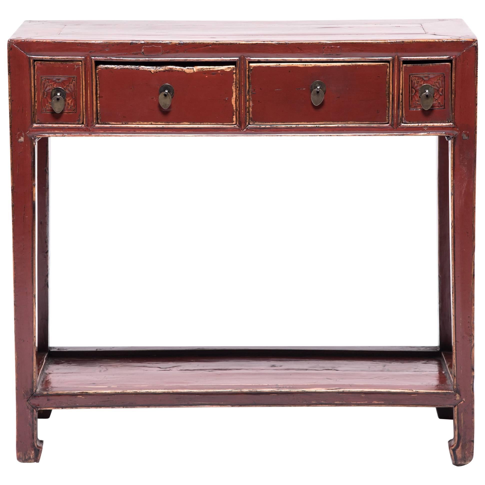 Four-Drawer Chinese Red Lacquer Table with Shelf