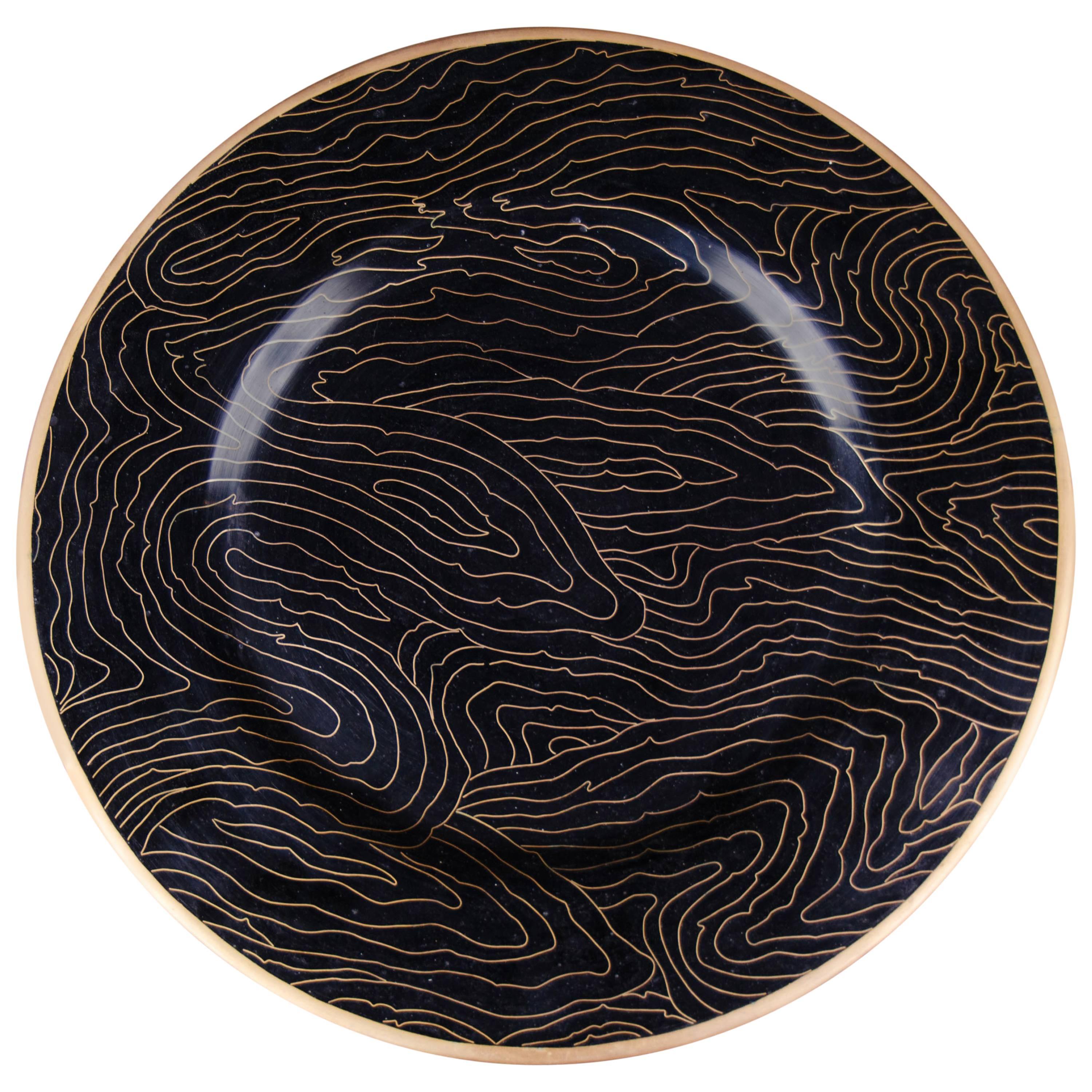 Charger - Black Woodgrain Design Cloisonné by Robert Kuo, Limited Edition For Sale