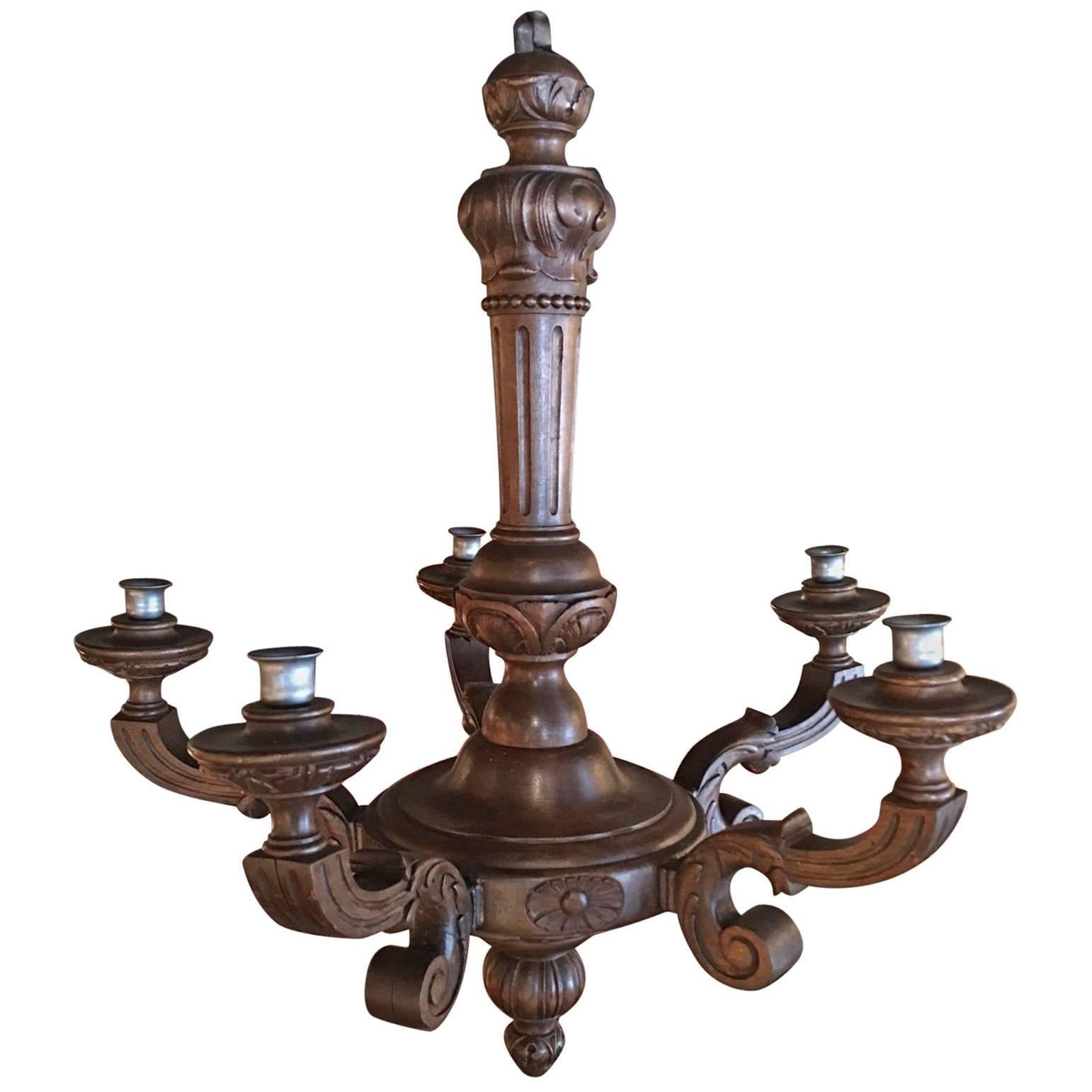 Italian Carved Wood Five Candle Chandelier, 19th Century