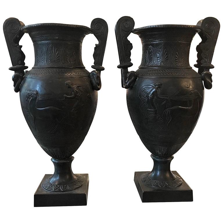 Pair of Cast Bronze Neoclassical Roman Style Urns at 1stDibs