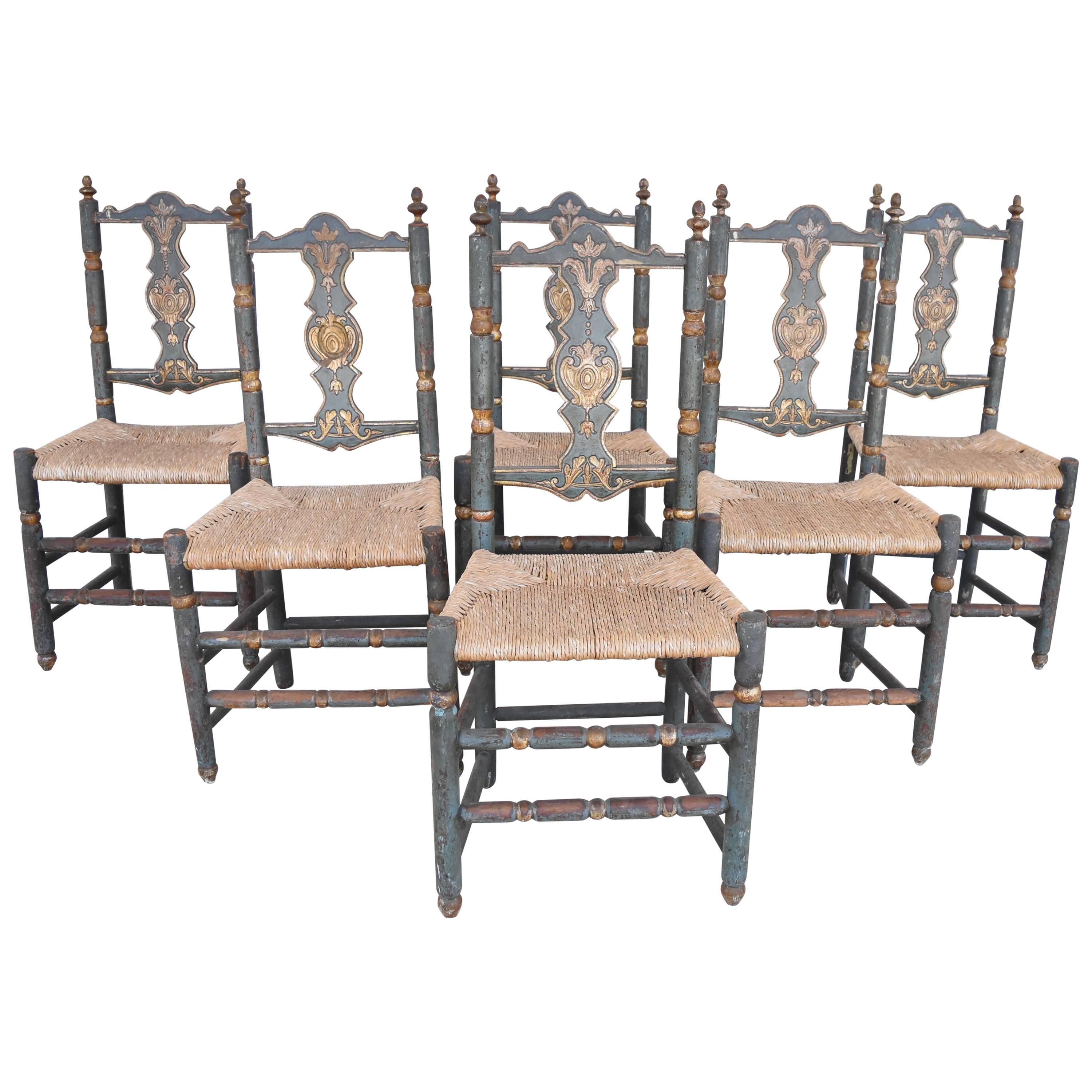 Six Italian Saint Anna Chairs from Abruzzo with Blue Paint and Rush Seats