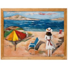 Surrealist Mediterranean Beach Scene Painting, circa 1983