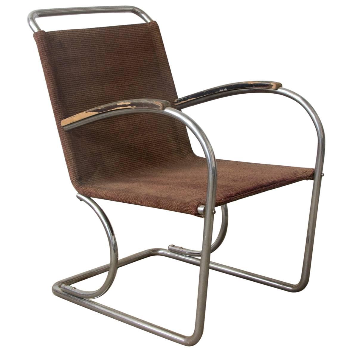 Circa 1930, Original, Early Tubular Easy Chair with Original Robe Woven Seat