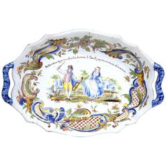 19th Century Hand-Painted Oval Platter with Handles from Rouen with French Motto 4