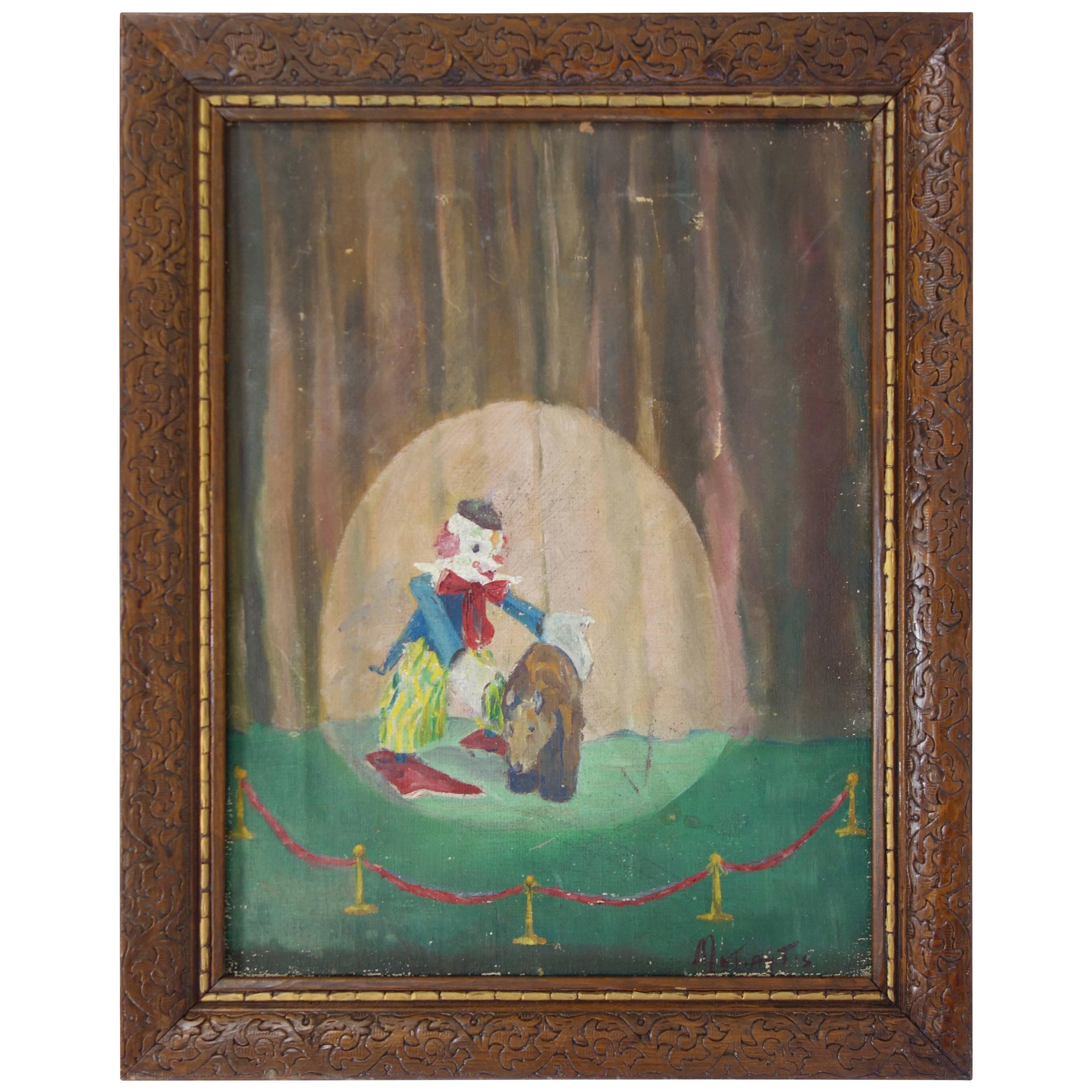 “Ta Da, a Bear” Clown and Bear Oil on Canvas, Dated 1954