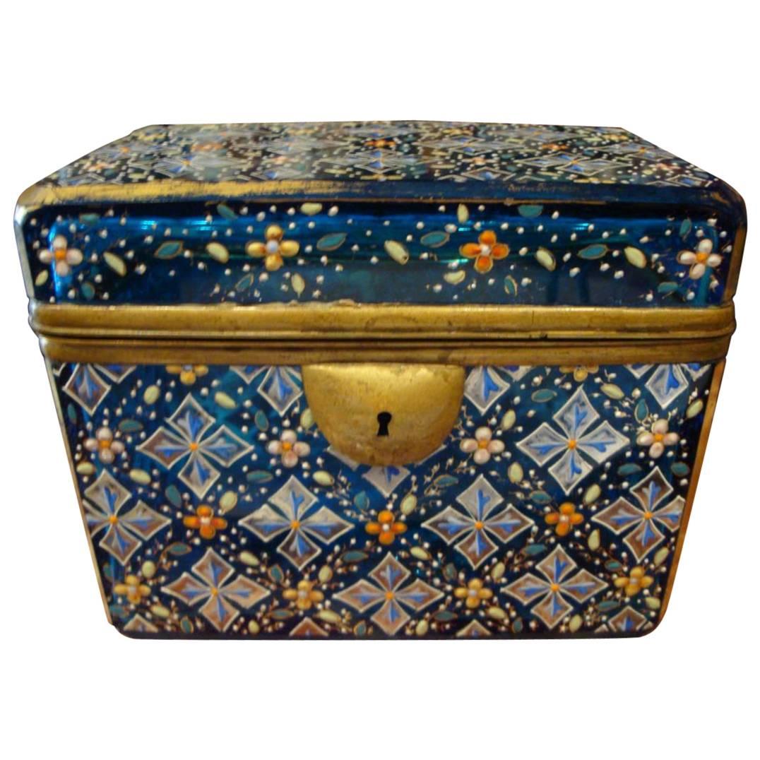 19th Century Hinged Glass Platinum Blue White Floral Moser Box For Sale
