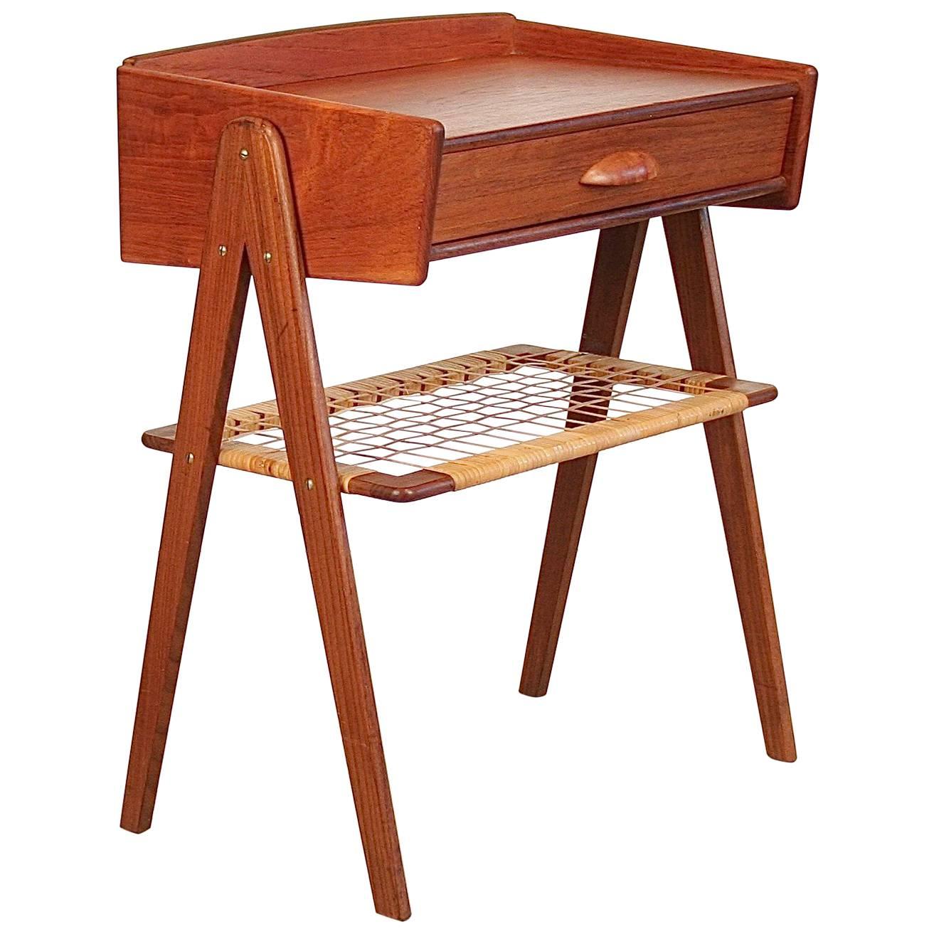 Vintage Danish Teak Side Table with Cane Shelf For Sale