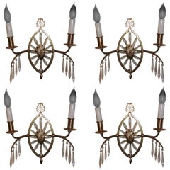 Precioso juego neoclásico de seis candelabros franceses de bronce y cristal Caldwell Starburst