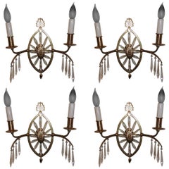 Beautiful Neoclassical Set Six French Bronze Crystal Caldwell Starburst Sconces