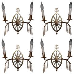 Beautiful Neoclassical Set Six French Bronze Crystal Caldwell Starburst Sconces 1