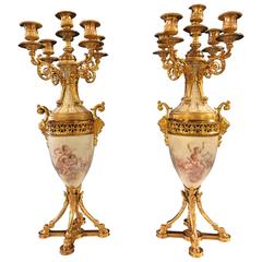 Vintage Fine Pair of Gilt Bronze and Porcelain Candelabra with Cherub Painting