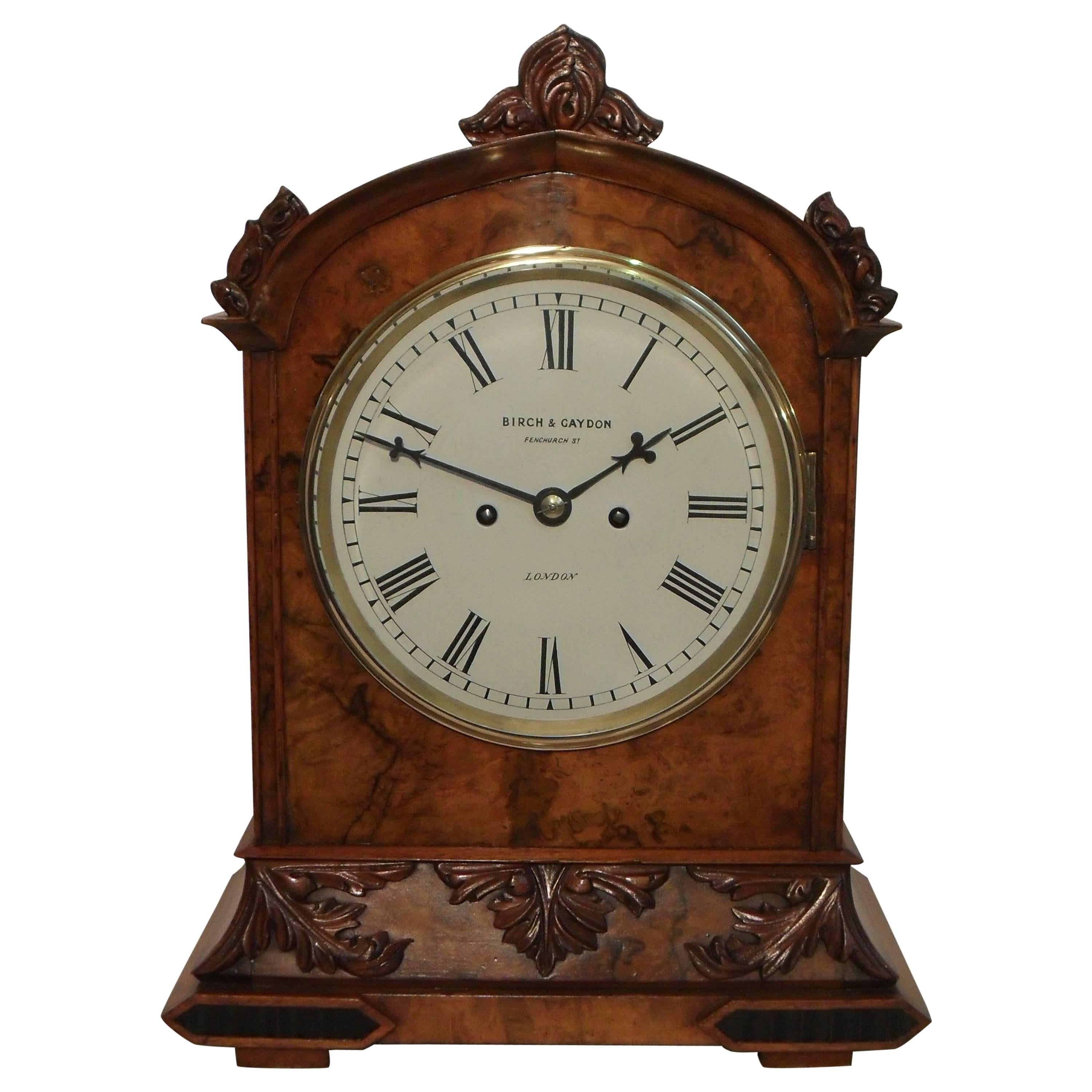 English Victorian Walnut Bracket Clock by Birch and Gaydon