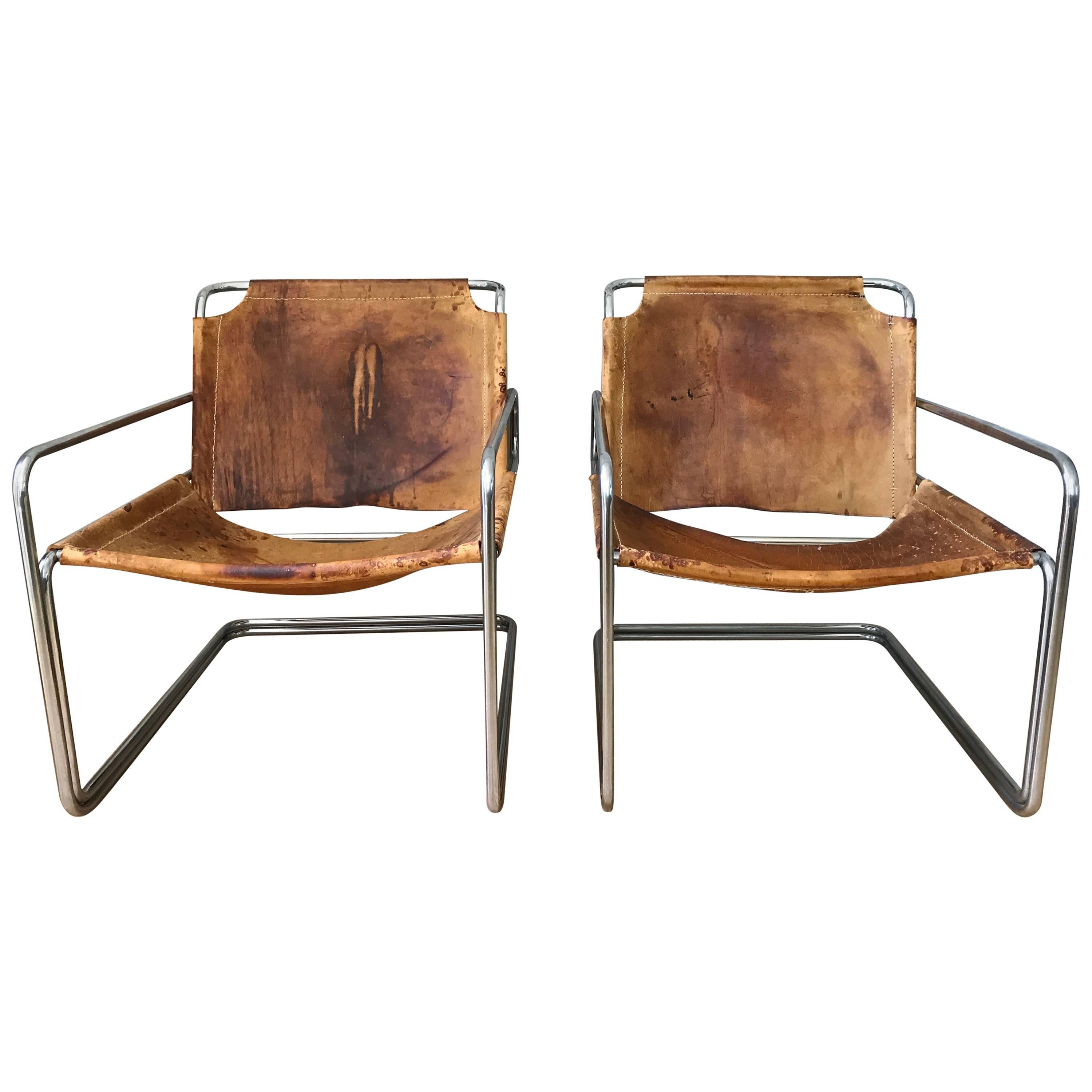 Pair of French Leather and Chrome Mid-Century Sling Chairs
