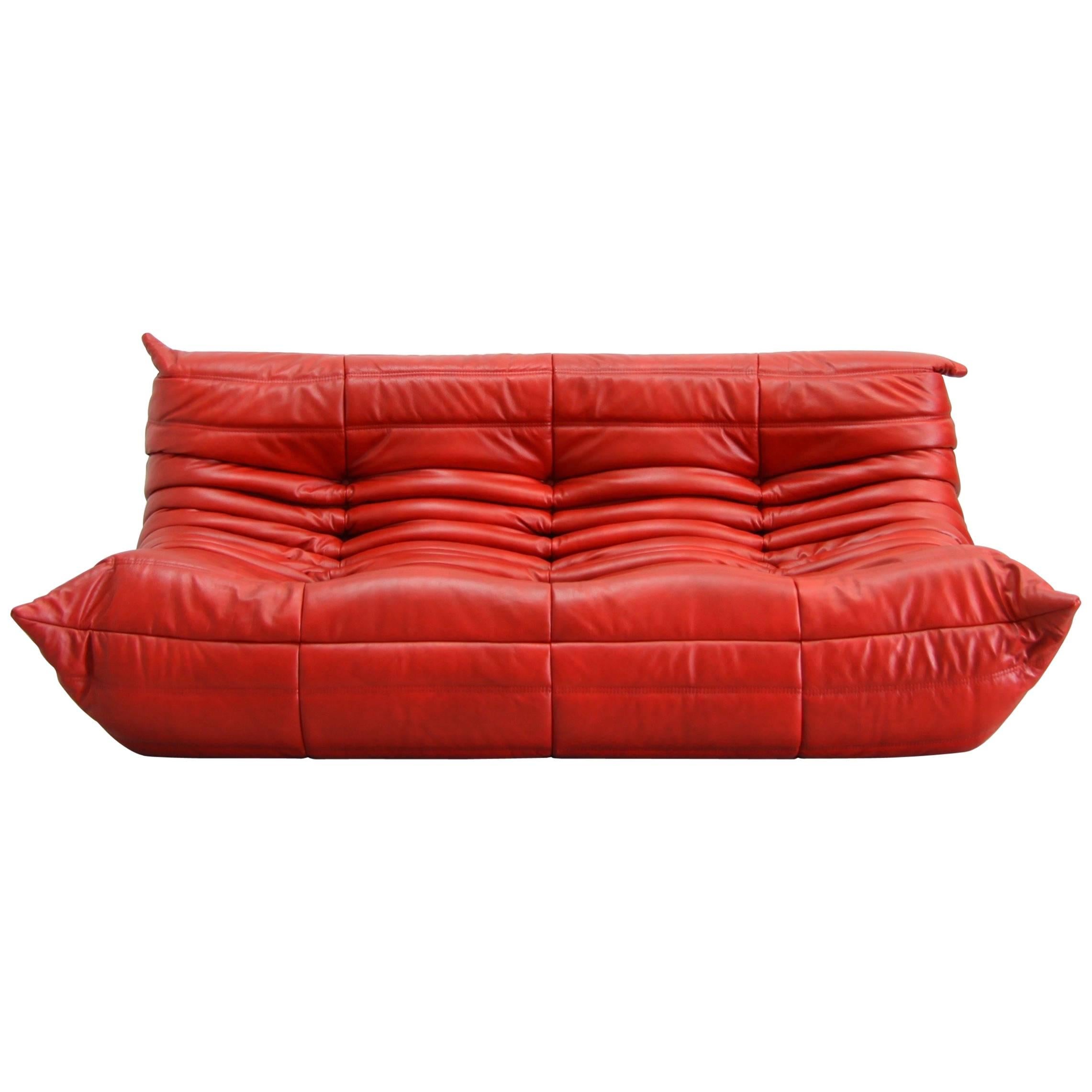 Red Leather Togo Sofa by Michel Ducaroy for Ligne Roset, 1974, Red Leather Togo