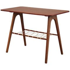 Vintage Danish Teak Side Table with Vinyl Chord Shelf