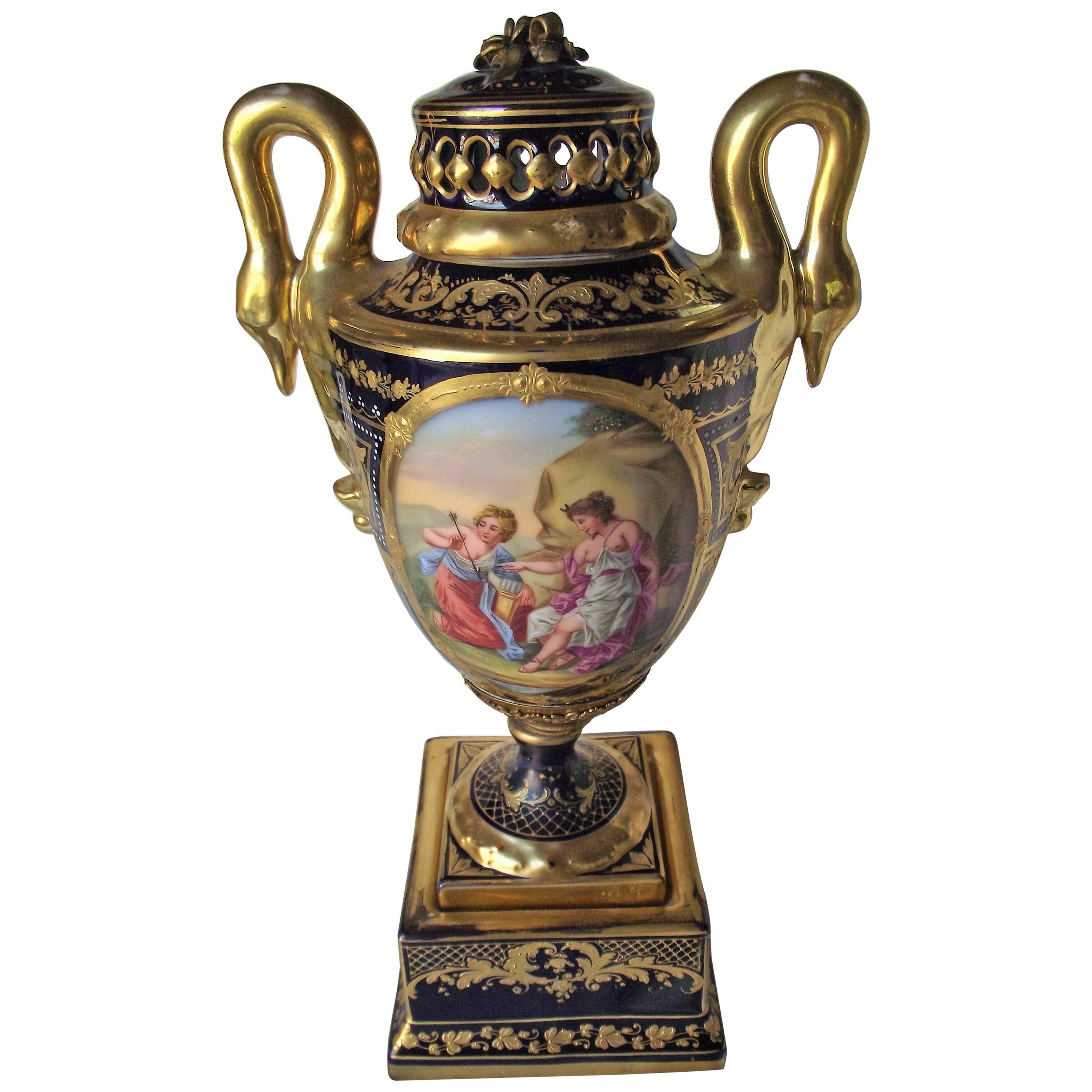 Royal Vienna Vase, Severes Style, Cobalt Blue with Raised Gold Decoration