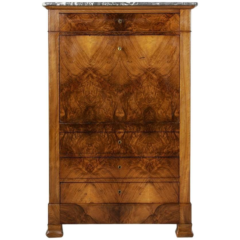 Louis Philippe Period Bookmatched Walnut Secretary with Marble Top and Leather
