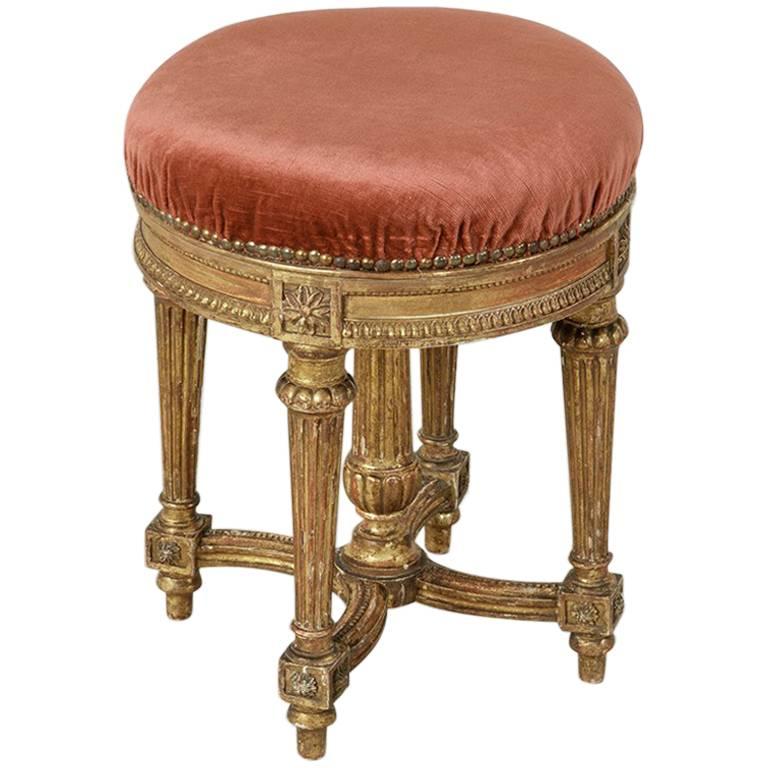 Mid-19th Century Louis XVI Style Giltwood Vanity Stool with Mohair Upholstery