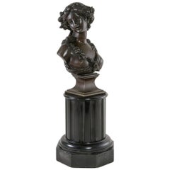 19th Century Bronze Bust of a Young Woman on a Marble Column Base J.C. Marin