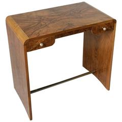 Art Deco Period Bookmatched Walnut Desk with Two Drawers and Steel Stretcher
