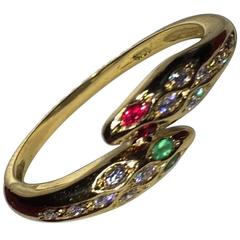 Antique 18-Karat Gold Diamond Ruby and Emerald Snake Ring