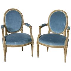 18th Century Pair of Hand-Carved Louis XVI Period Painted Armchairs, Mohair 11