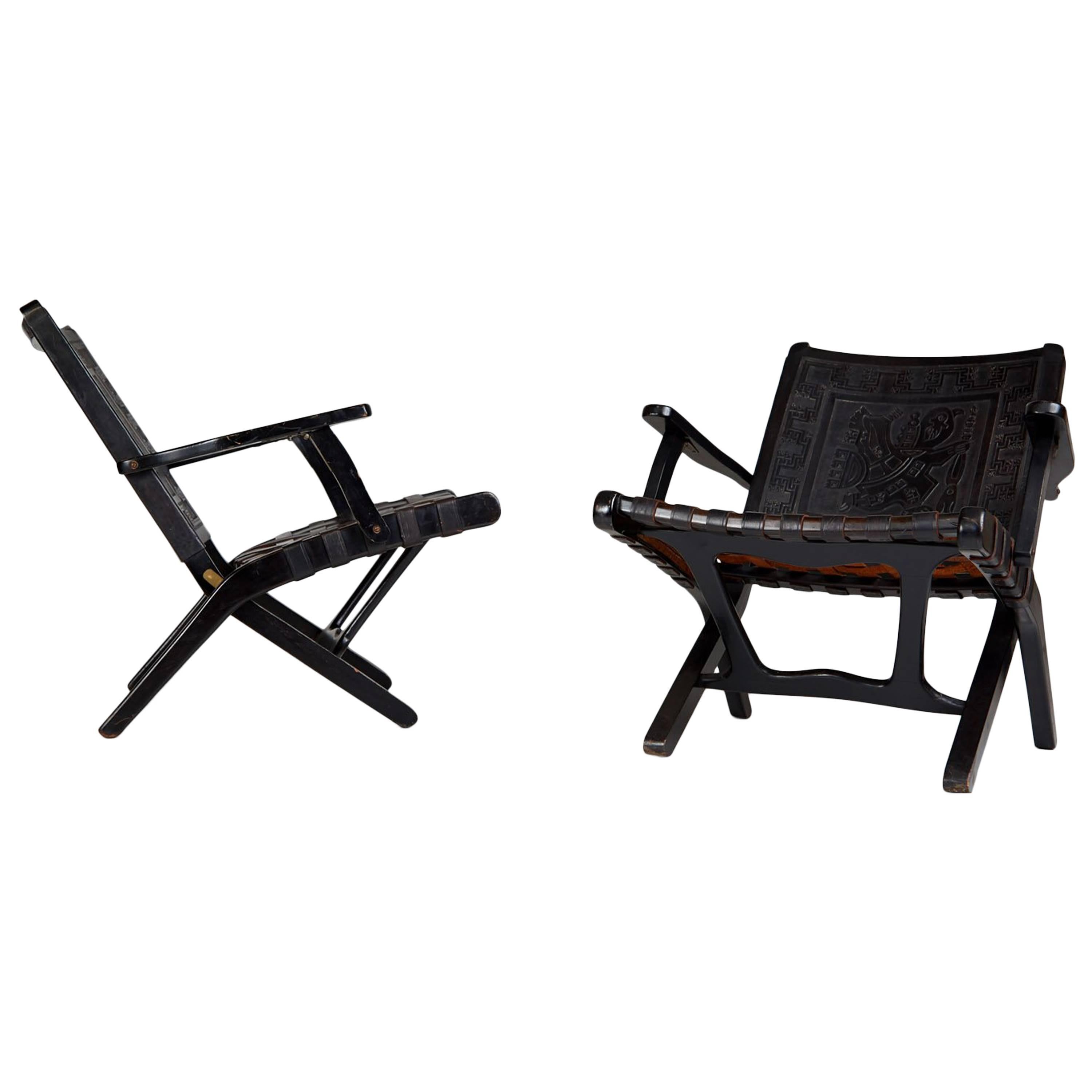Peruvian Black Tooled Leather Folding Chairs, Pair, circa 1950