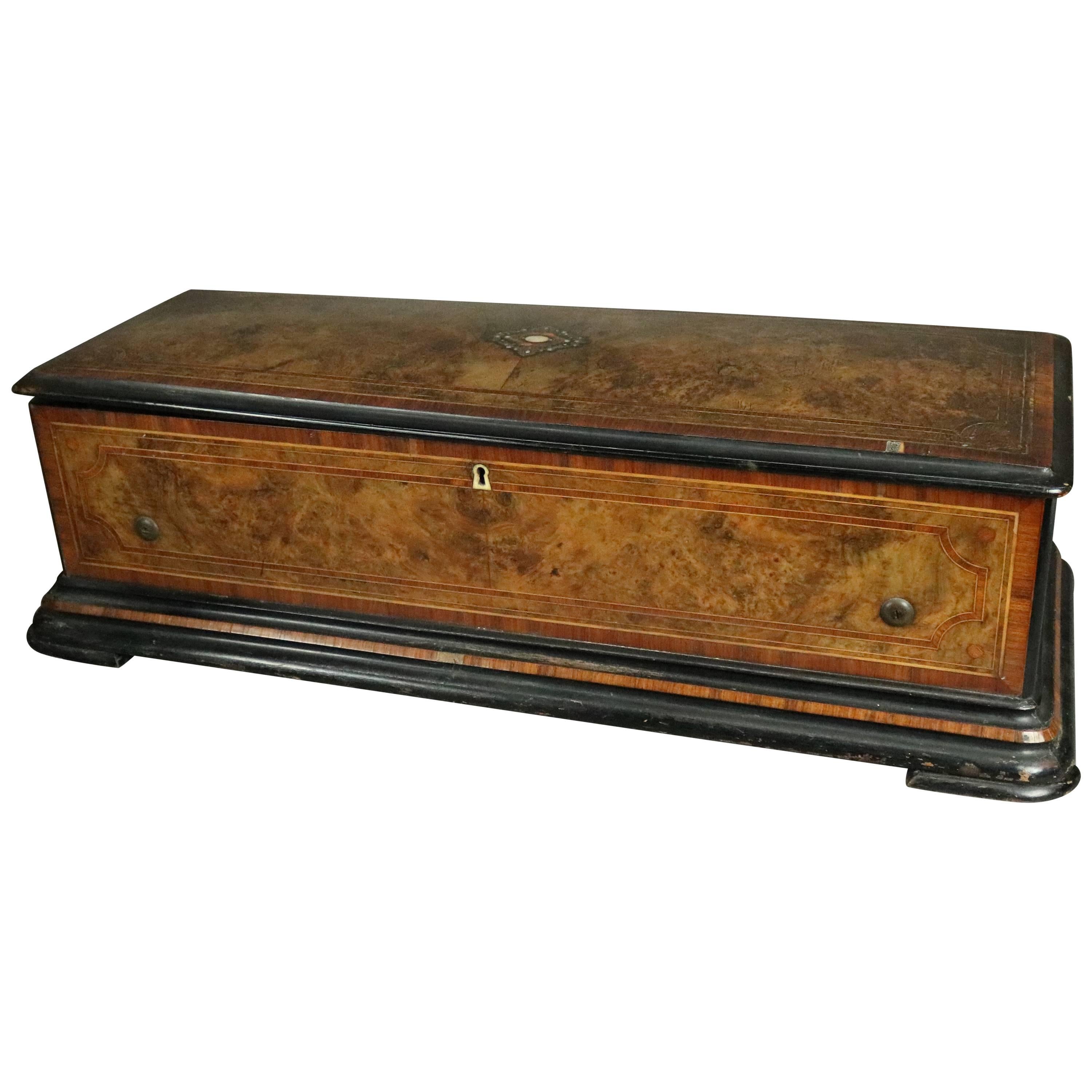 Antique Swiss 12-Tune Cylinder Music Box, Banded & Inlaid Burl Case, circa 1880