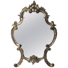 Hollywood Regency Large Italian Rococo Easel Back Table Mirror in Silver Metal