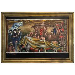 Signed Surrealist Painting of a Religious Jewish Scene with Rabbis and Torah