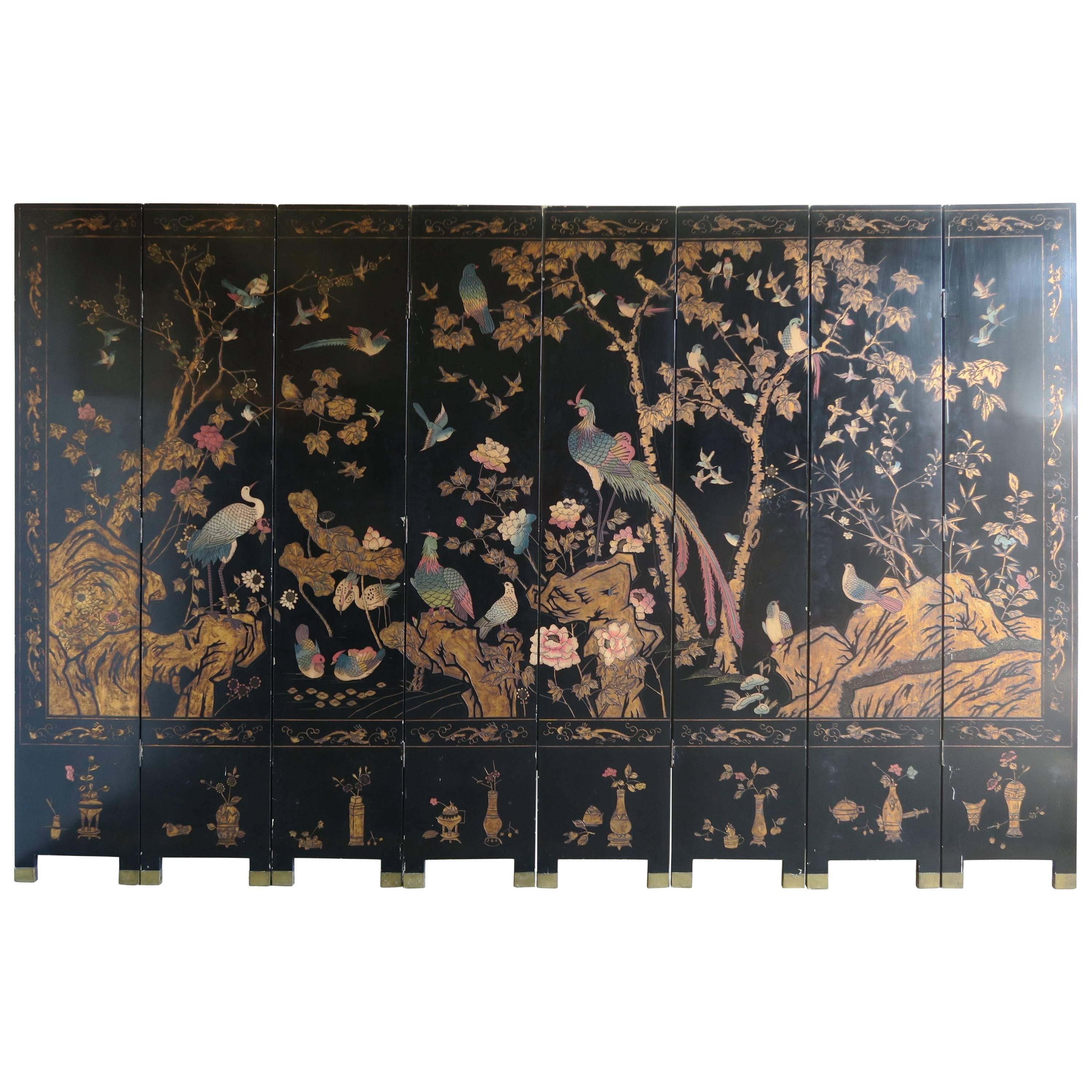 Eight-Panel Black and Gold Lacquered Chinese Screen