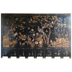 Eight-Panel Black and Gold Lacquered Chinese Screen