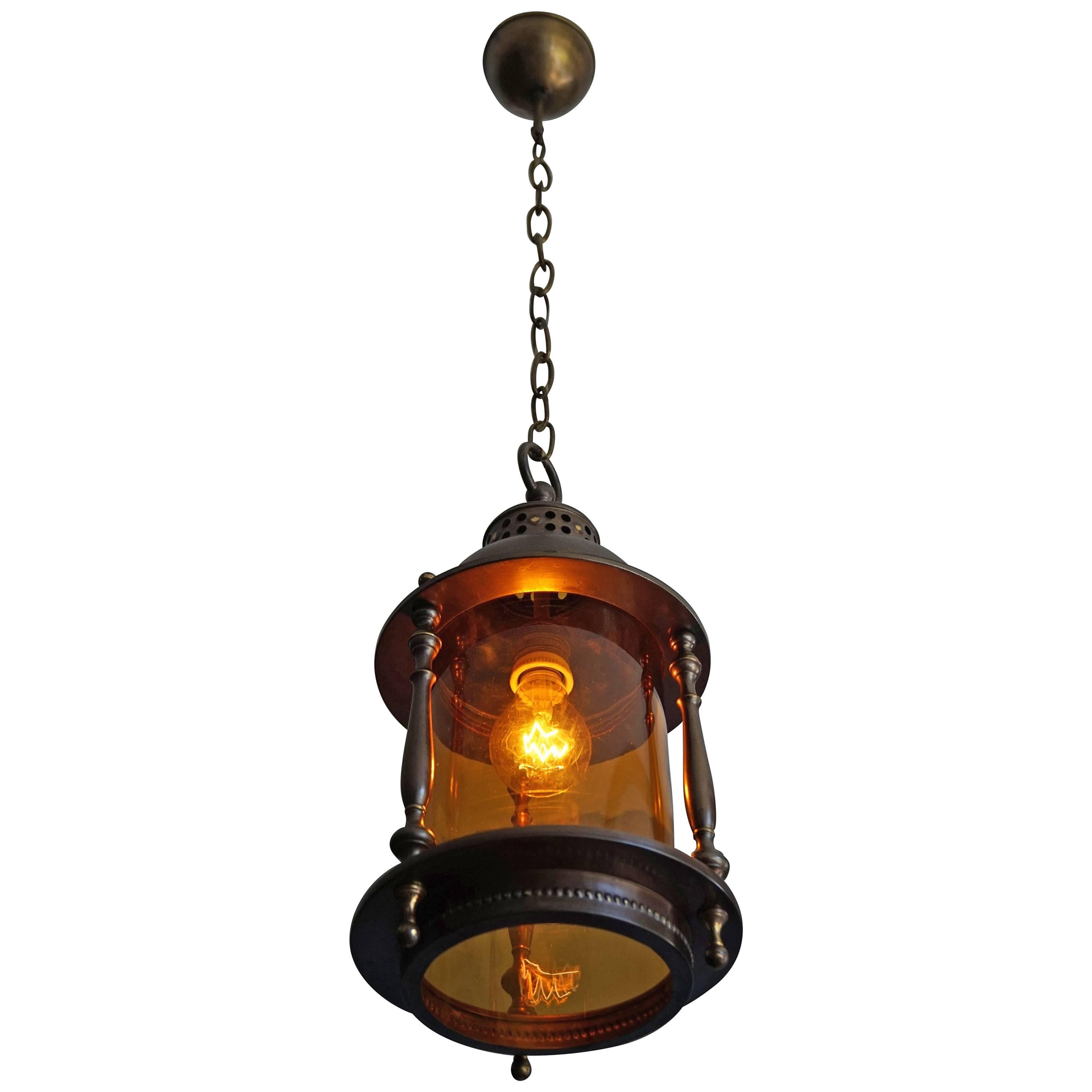 Arts and Crafts Brass and Amber Glass Pendant / Entrance Ceiling Lamp