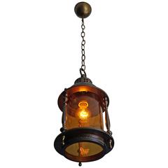 Arts and Crafts Brass and Amber Glass Pendant / Entrance Ceiling Lamp 12