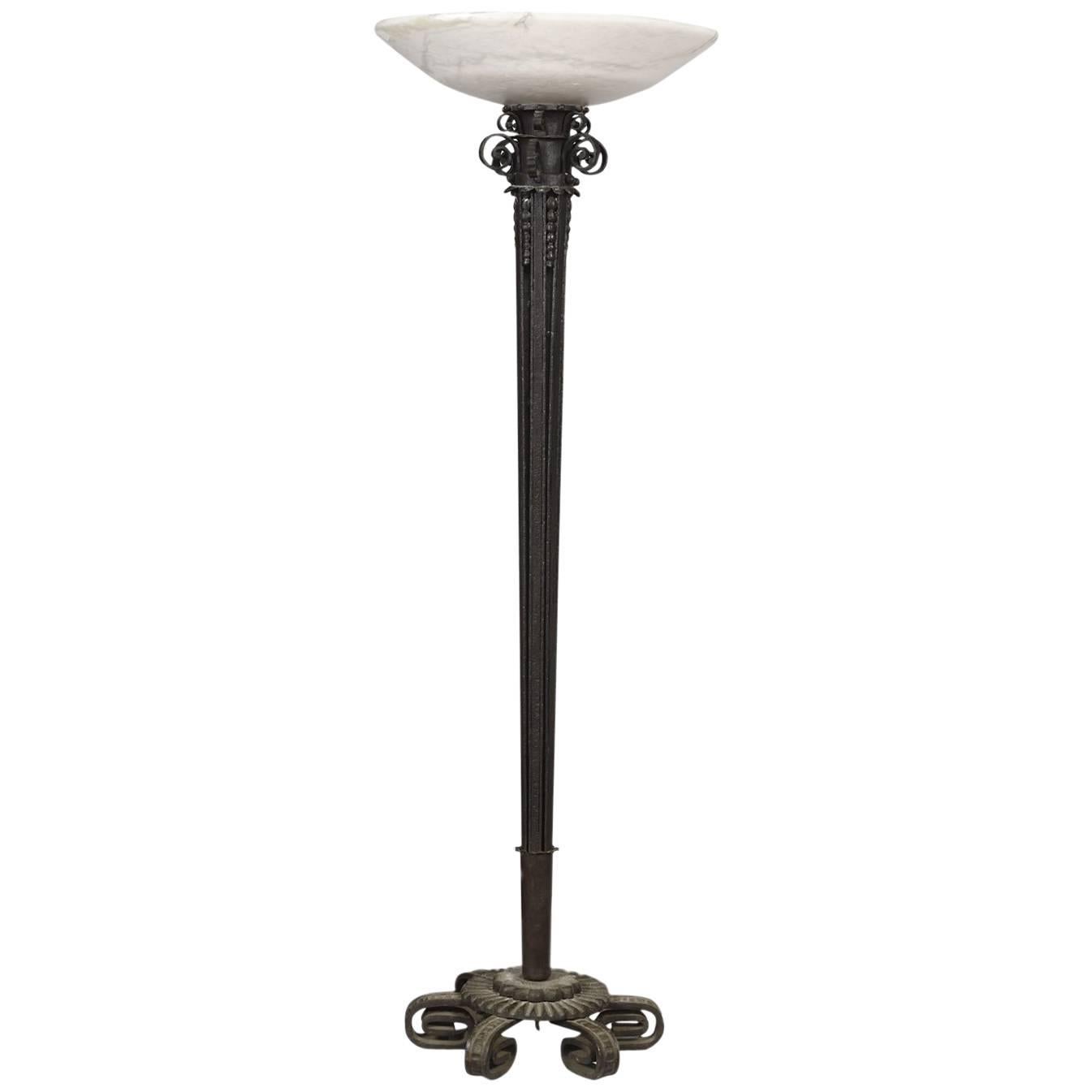 1930s Wrought Iron and Alabaster Floor Lamp For Sale