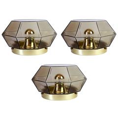Three Large Geometric Smoked Glass & Brass Flush Mount Lights by Limburg, 1970s 1