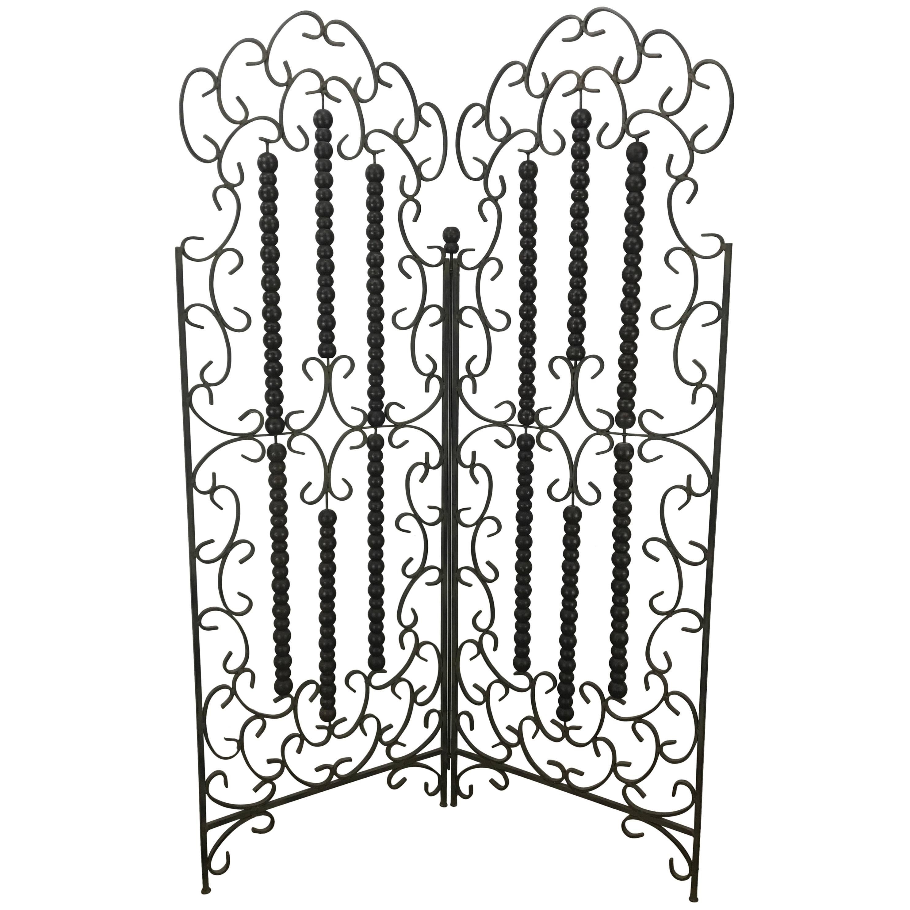 Wrought Iron and Wood Mediterranean Modern Folding Screen or Divider For Sale