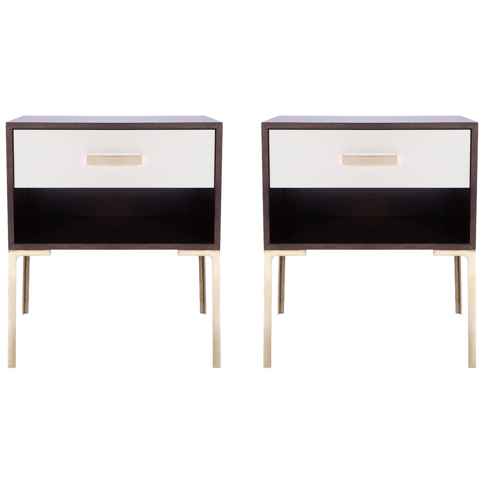 Astor Tall Brass Nightstands in Ebony and Ivory Walnut by Montage