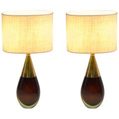 Pair of Beautiful Seguso "Sommerso" Murano Glass Signed Table Lamps, 1950s