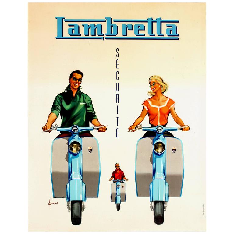 Original Vintage Advertising Poster For Lambretta Scooters - Securite /  Security at 1stDibs