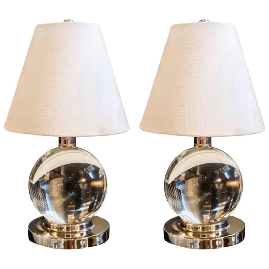 Pair of Crystal Ball Table Lamps in the Style off Jacques Adnet For Sale