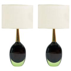 Pair of Beautiful Seguso "Sommerso" Murano Glass Signed Table Lamps, 19